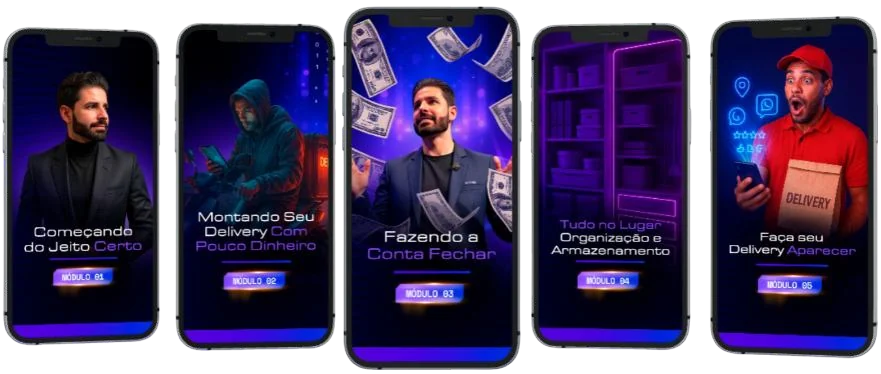 Módulos do curso: Começando do Jeito Certo, Montando Seu Delivery, Fazendo a Conta Fechar, Organização e Armazenamento, Faça seu Delivery Aparecer
